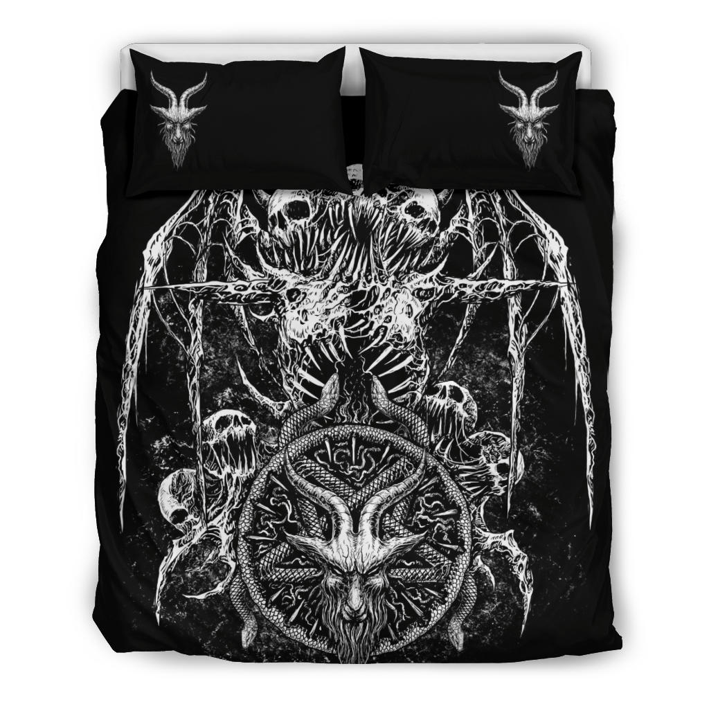 Skull Bat Wing Satanic Goat Satanic Pentagram Serpent 3 Piece Duvet Set Black And White Goat Head Pillow Version