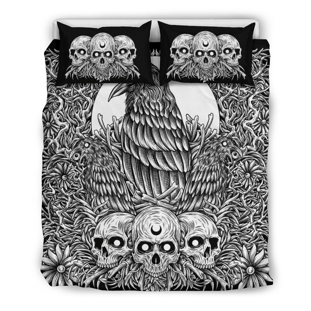 Skull Gothic Occult Crow 3 Piece Duvet Set Black And White