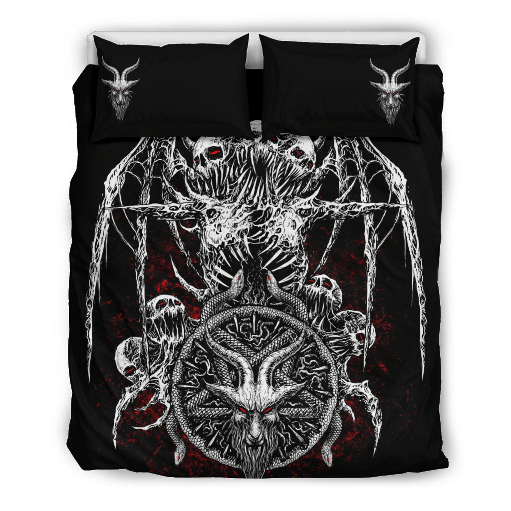 Skull Satanic Demon Goat Bat Wing Satanic Pentagram Serpent 3 Piece Duvet Set Red Eye Red Background Version