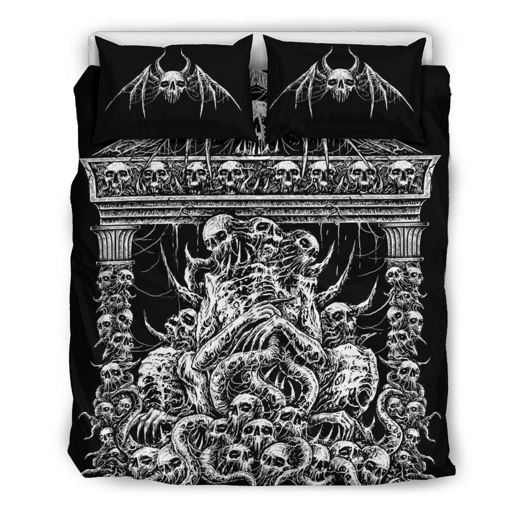 Skull Skeleton Bat Wing Skull 3 Piece Duvet Set Black And White