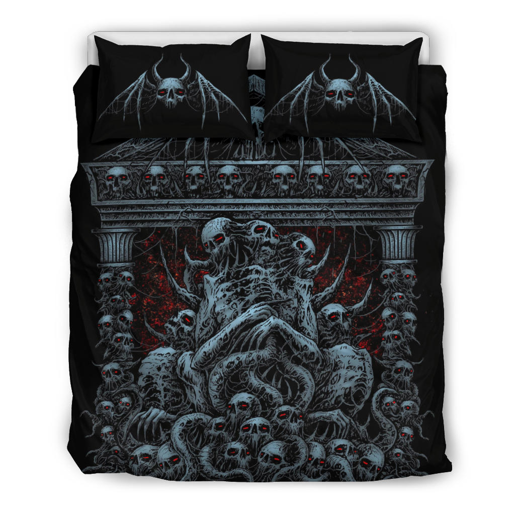 Skull Skeleton Demon Bat Skull Death Shrine 3 Piece Duvet Set Color Version