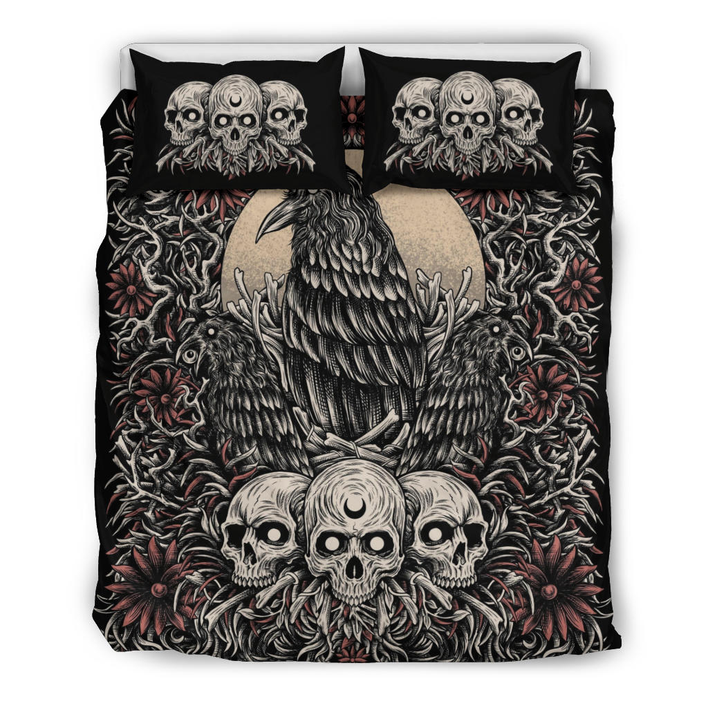 Skull Gothic Occult Crow Eye New Dark Color White Skull Version 3 Piece Duvet Set