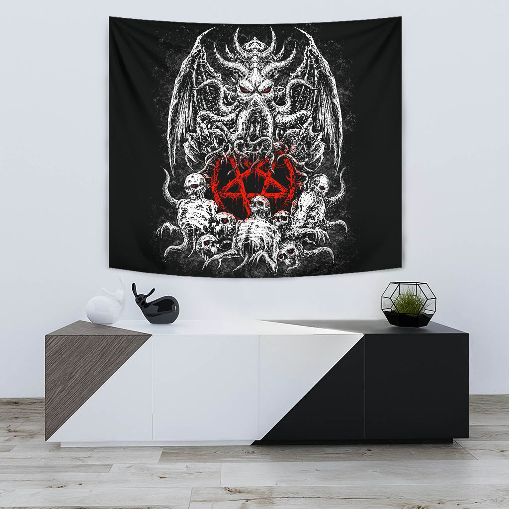 Skull Skeleton Satanic Pentagram Demon Octopus Large Wall Decoration Tapestry Black And White With Red