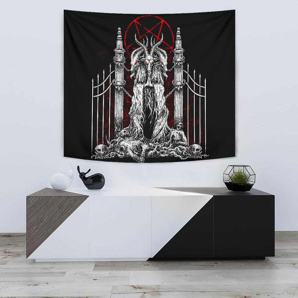 Skull Satanic Goat Satanic Pentagram Welcome To Hell Large Wall Decoration Tapestry Black And White Red