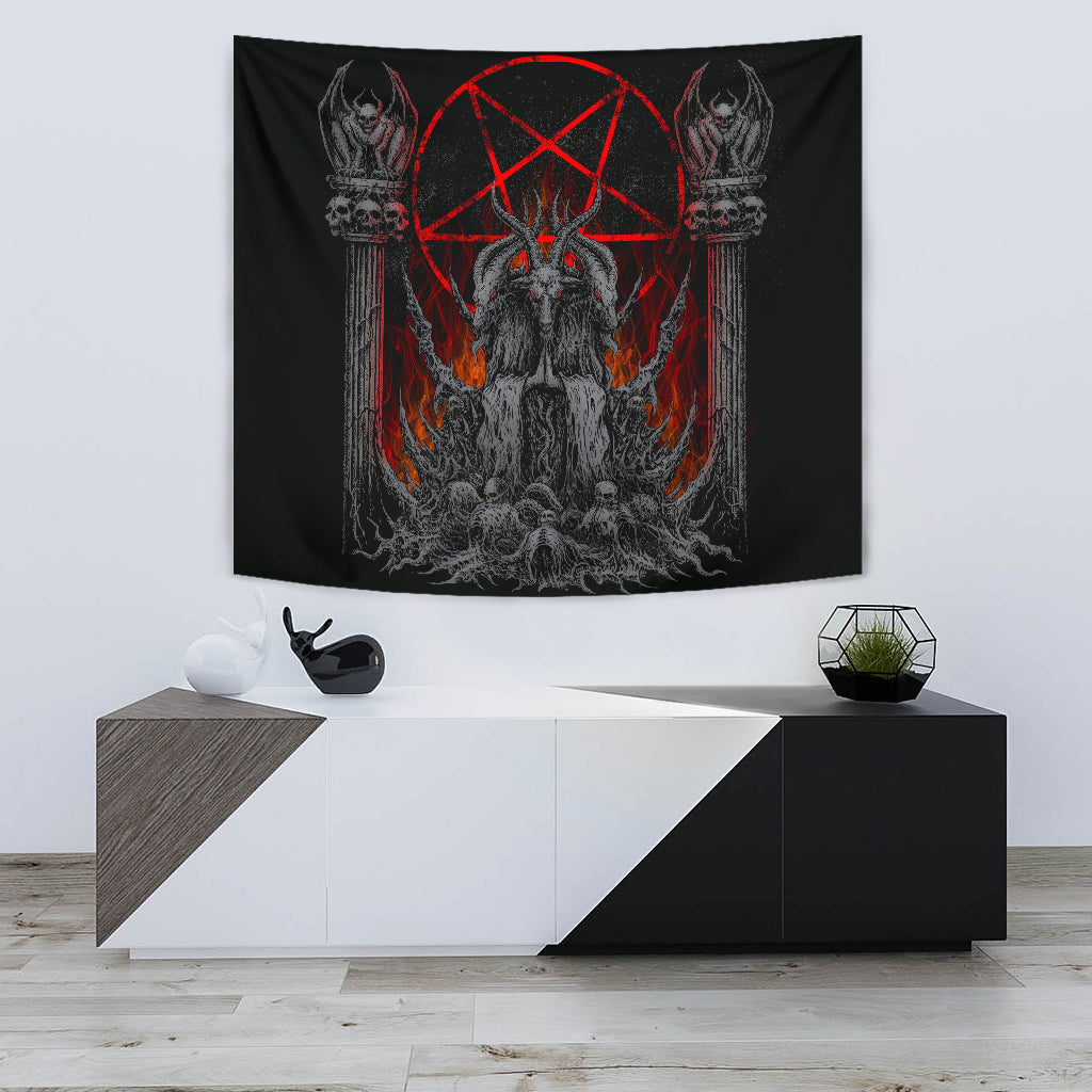 Skull Satanic Goat Satanic Pentagram Flame Silver Large Wall Decoration Tapestry
