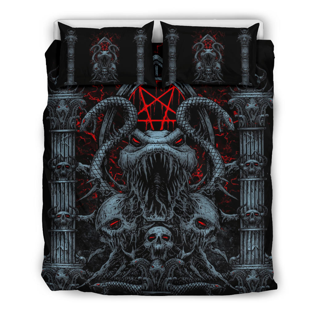 Skull Satanic Pentagram Serpent Gate Shrine 3 Piece Duvet Set Color Version