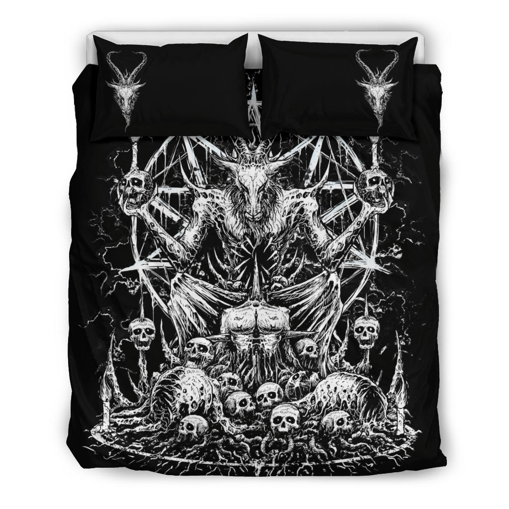 Skull Skeleton Satanic Goat Eternal Impaled Torment Skull Candle Trophy 3 Piece Duvet Set All Black And White Version