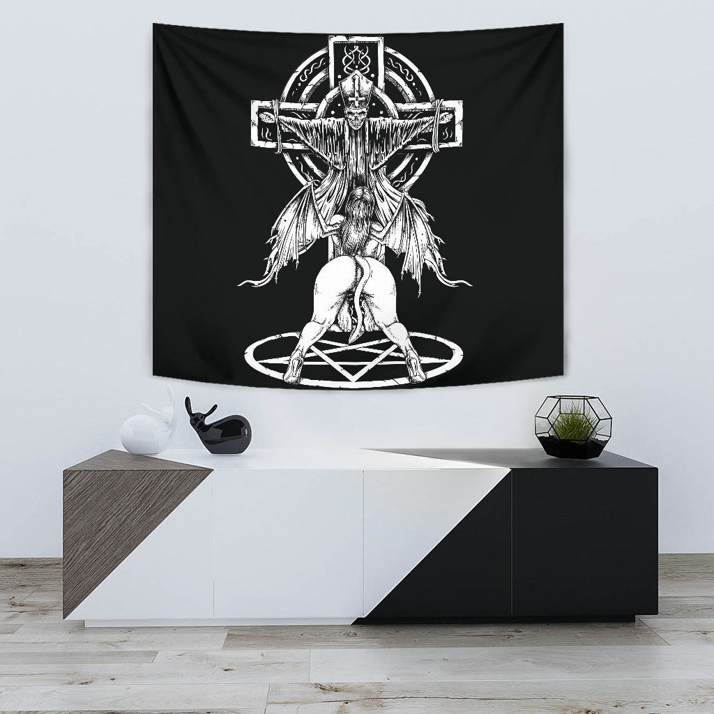 Skull Satanic Pentagram Demon Priest Crucified Large Wall Decoration Tapestry