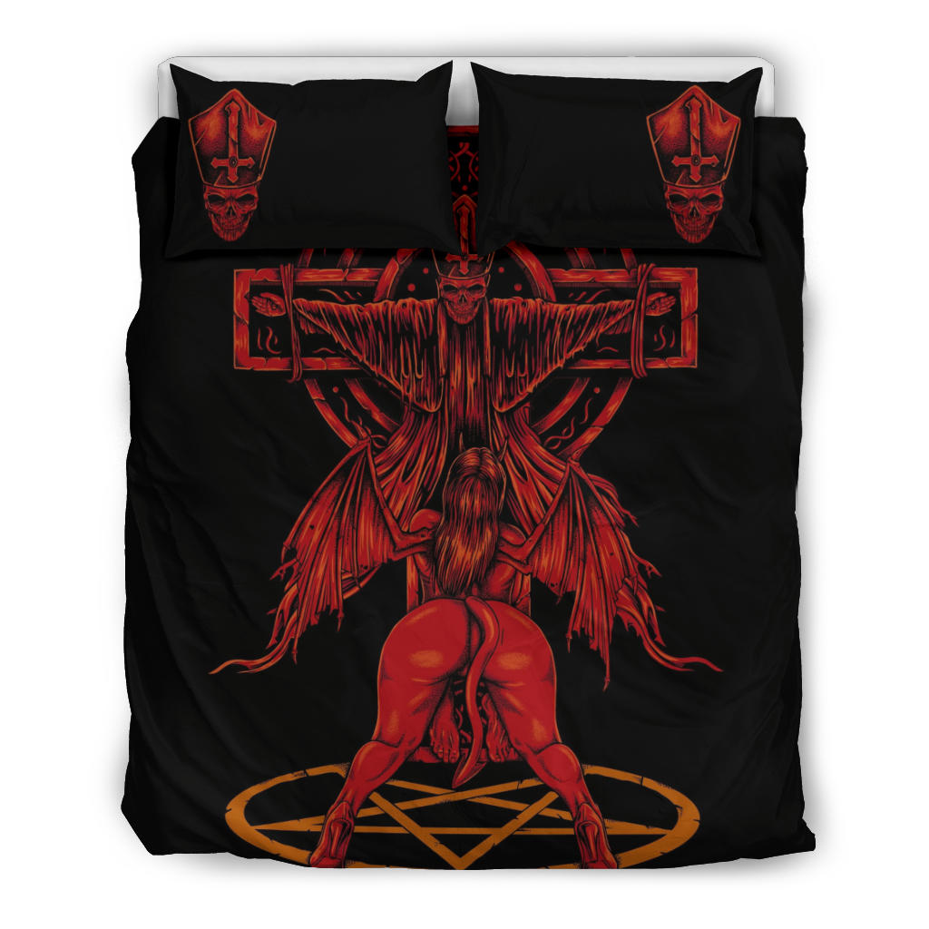 Skull Satanic Pentagram Demon Priest Crucified 3 Piece Duvet Set Color Version