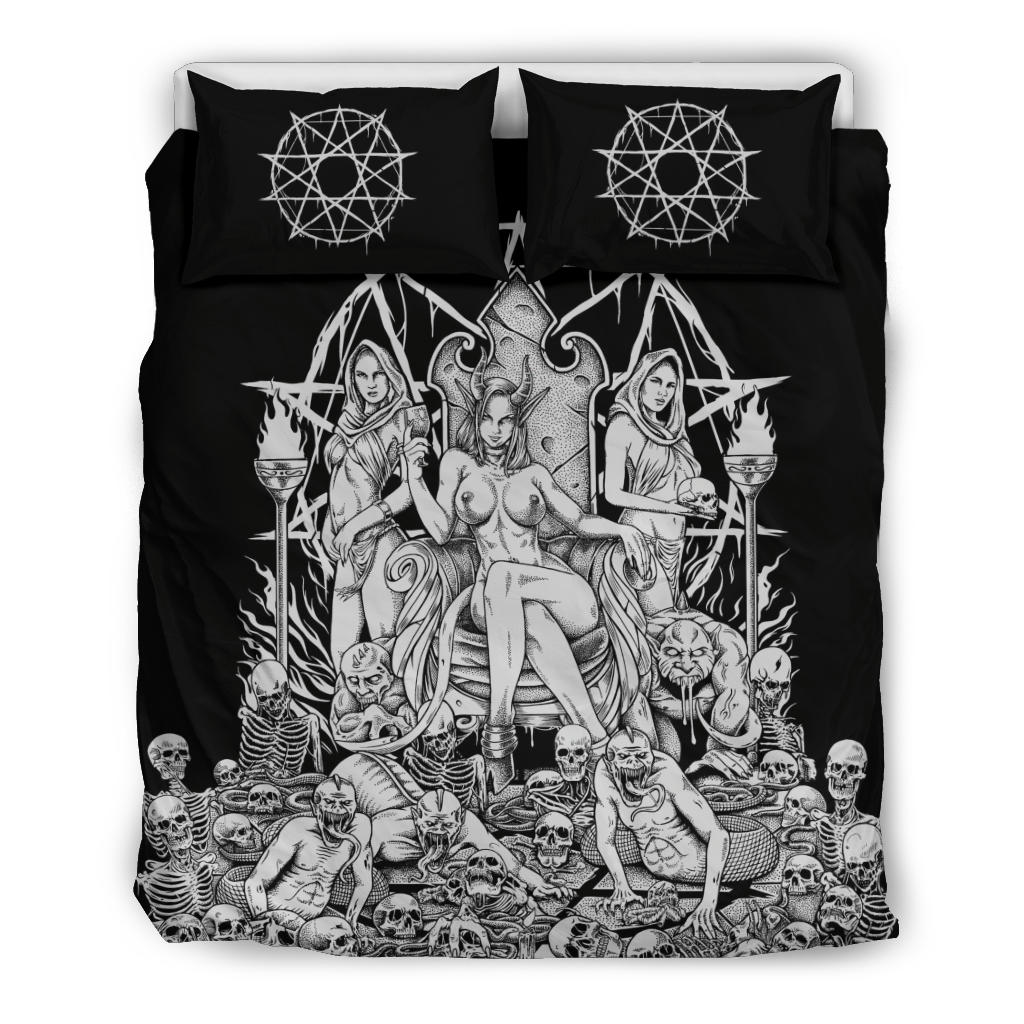 Skull Demon Serpent Flesh Gluttony Throne 3 Piece Duvet Set Black And White