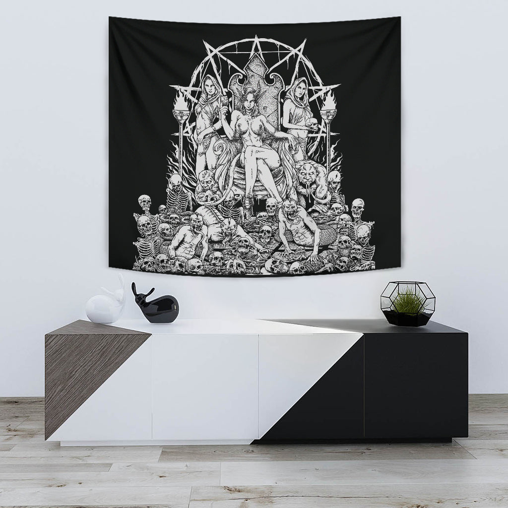 Skull Demon Serpent Flesh Gluttony Throne Large Wall Decoration Tapestry Black And White