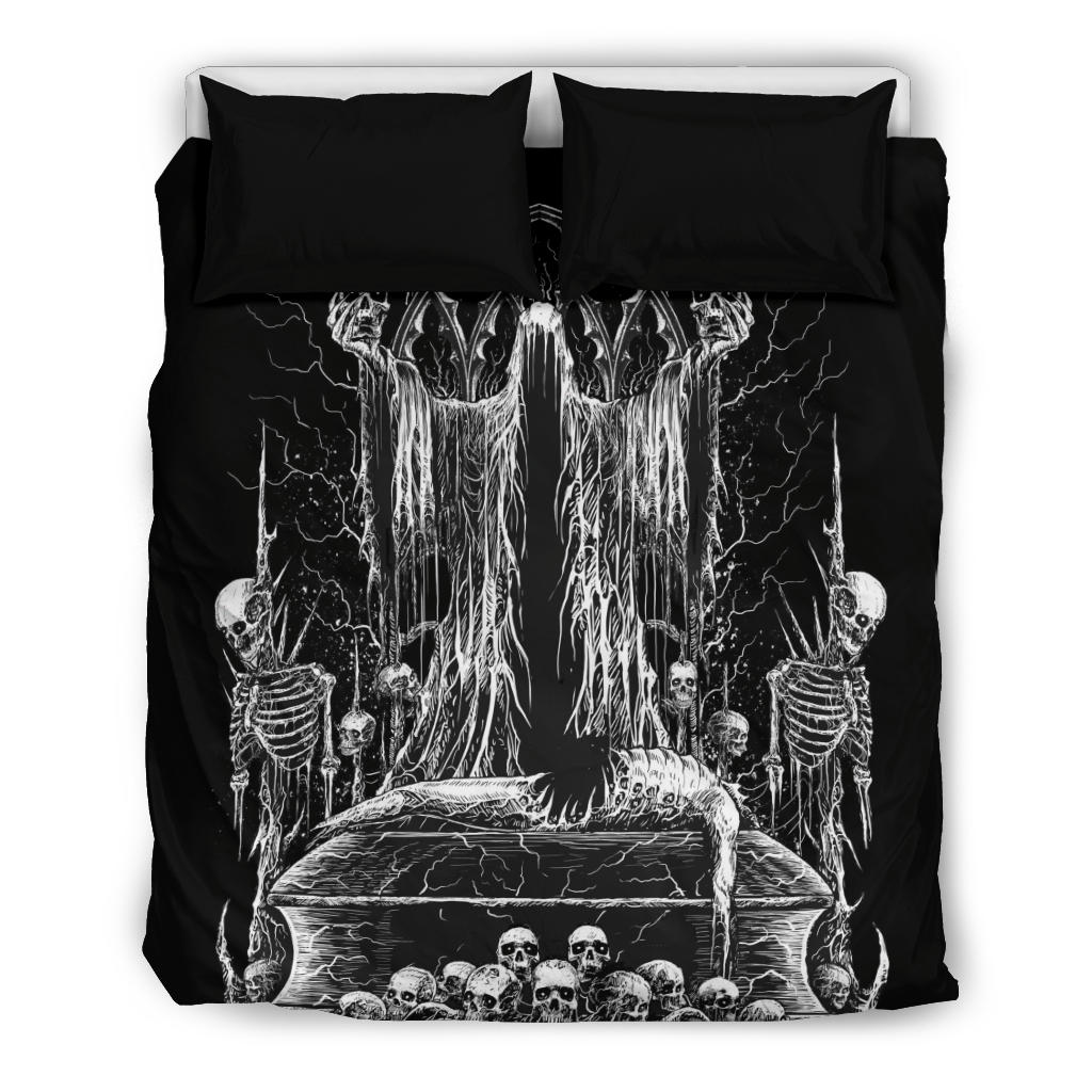 Skull Hooded Demon Impaled Coffin Shrine 3 Piece Duvet Set Black And White Version