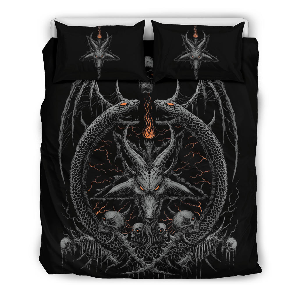 Skull Demon Satanic Goat Satanic Pentagram Serpent 3 Piece Duvet Set Silver Version