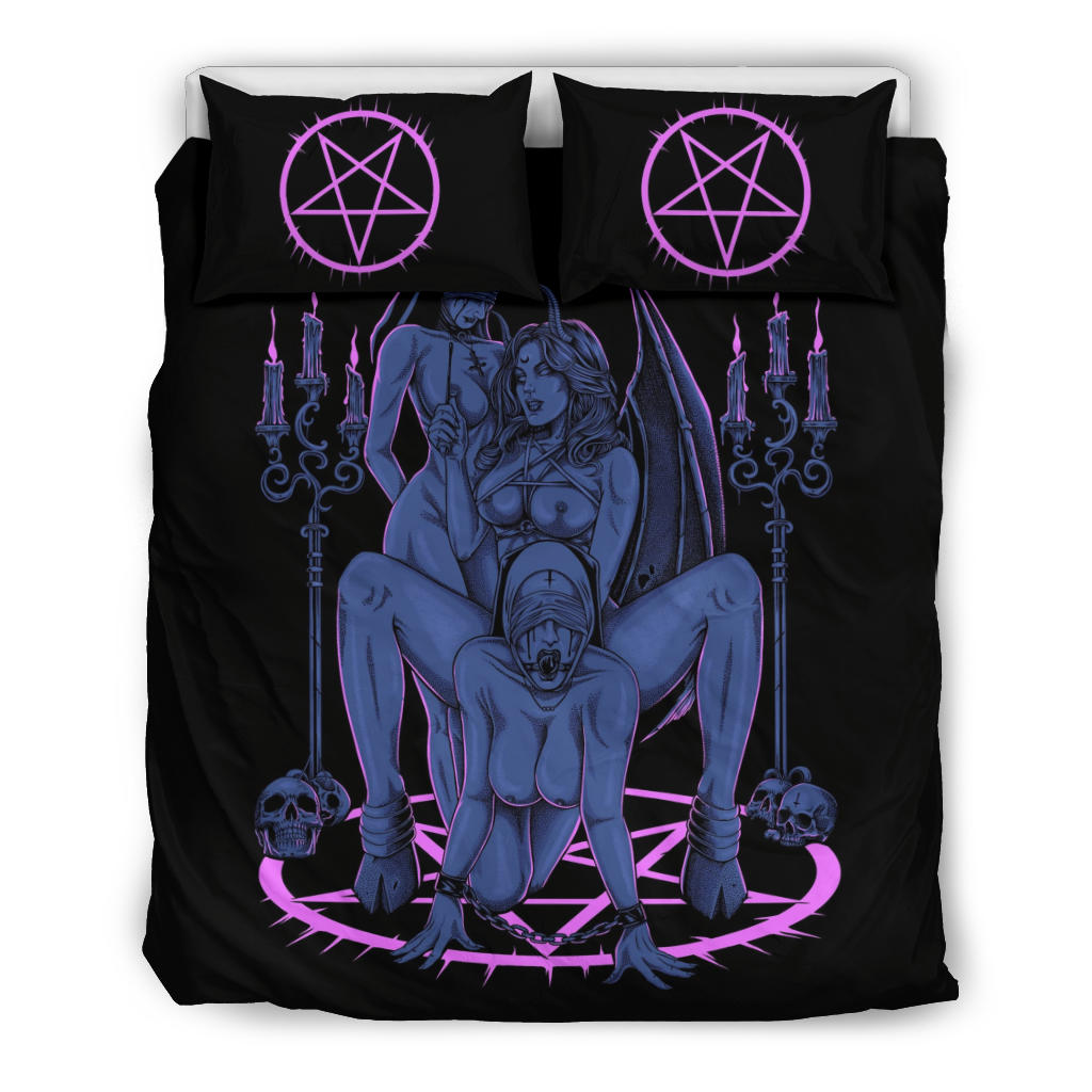 Skull Satanic Pentagram Thorn Candle Satanic Cross Erotic Possession 3 Piece Duvet Set Sexy Wild Blue Pink