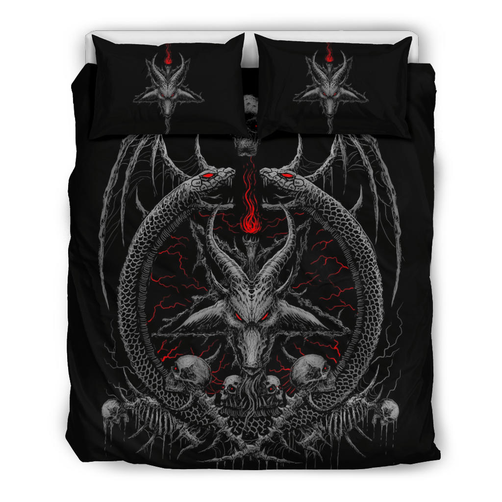 Skull Demon Satanic Goat Satanic Pentagram Serpent 3 Piece Duvet Set Silver And Red