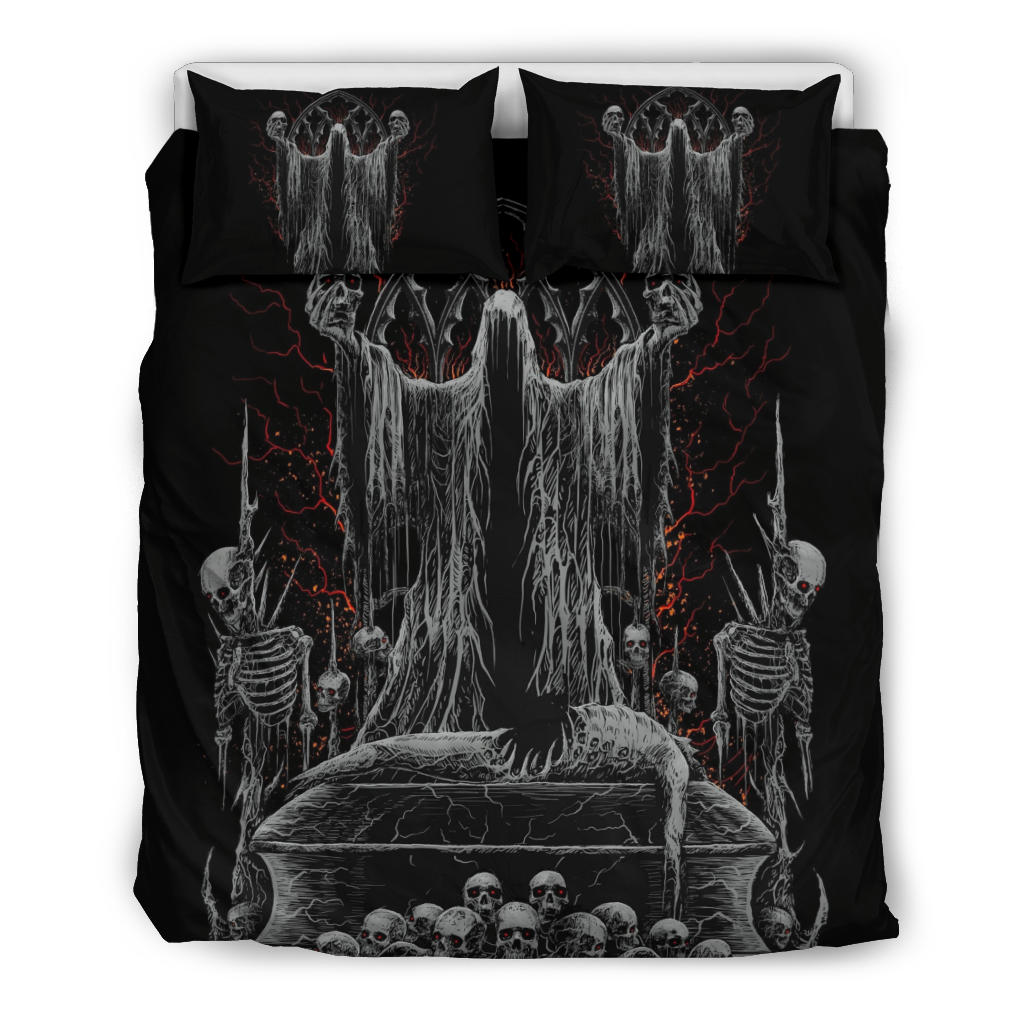 Skull Hooded Demon Impaled Coffin Shrine 3 Piece Duvet Set Silver Red