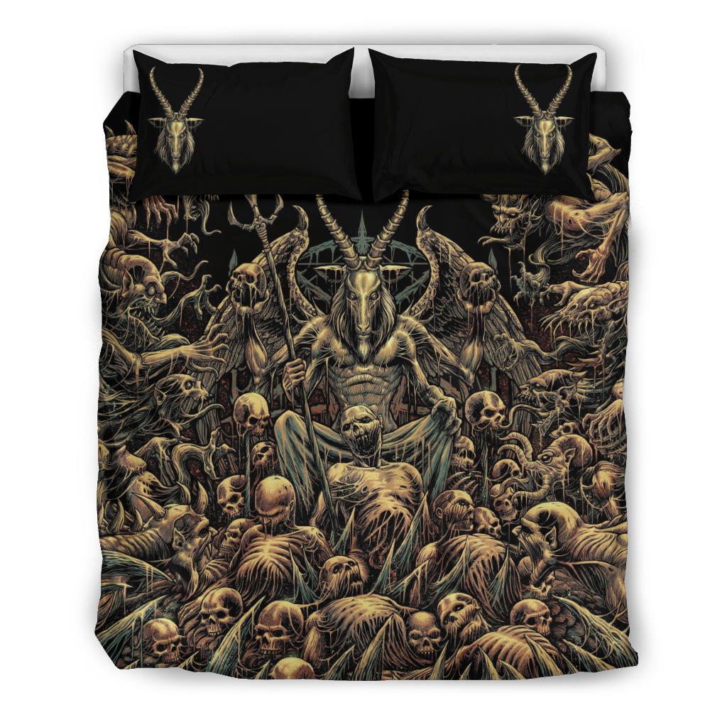 Skull Winged Satanic Goat Demon Zombie Galore Throne 3 Piece Duvet Set Color