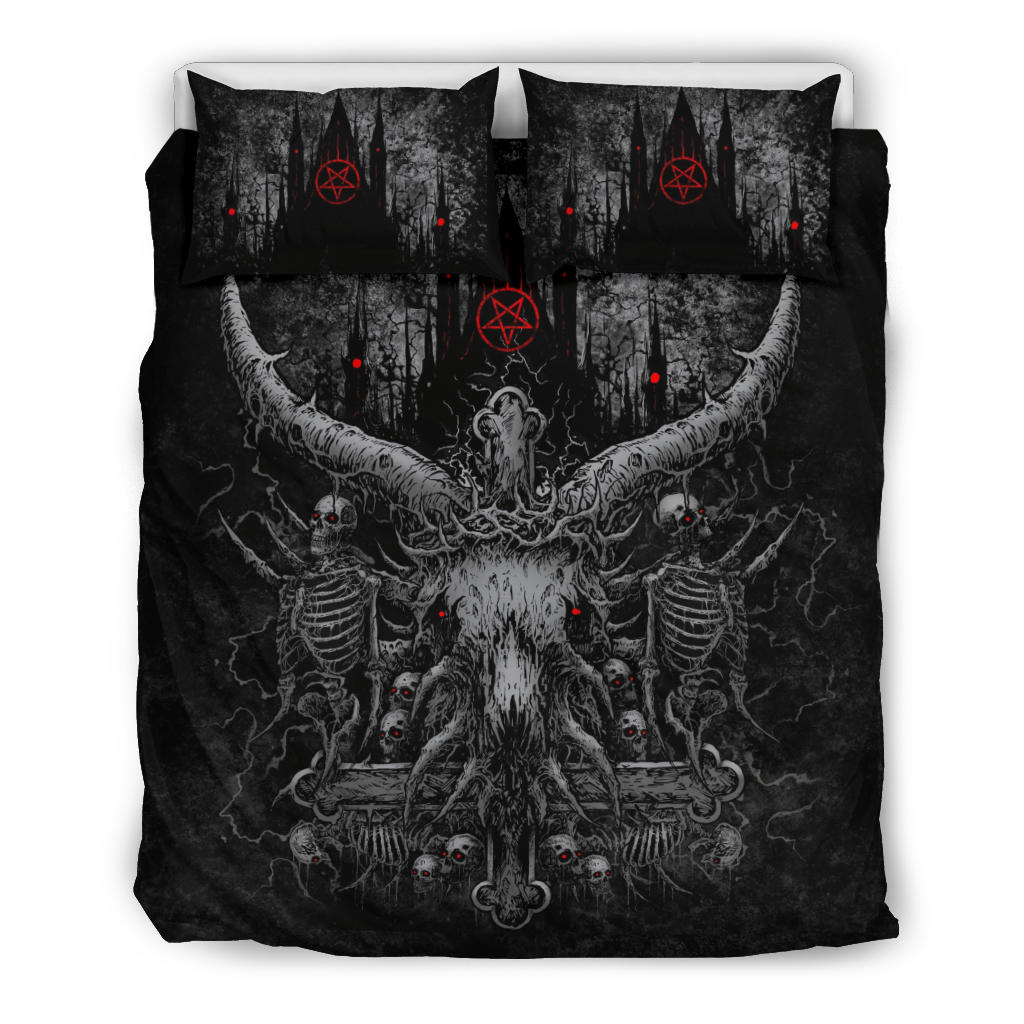 New! Skull Satanic Crowned Goat Satanic Cross Satanic Pentagram Night Church 3 Piece Duvet Set Awesome New Skull Silver Cross Red