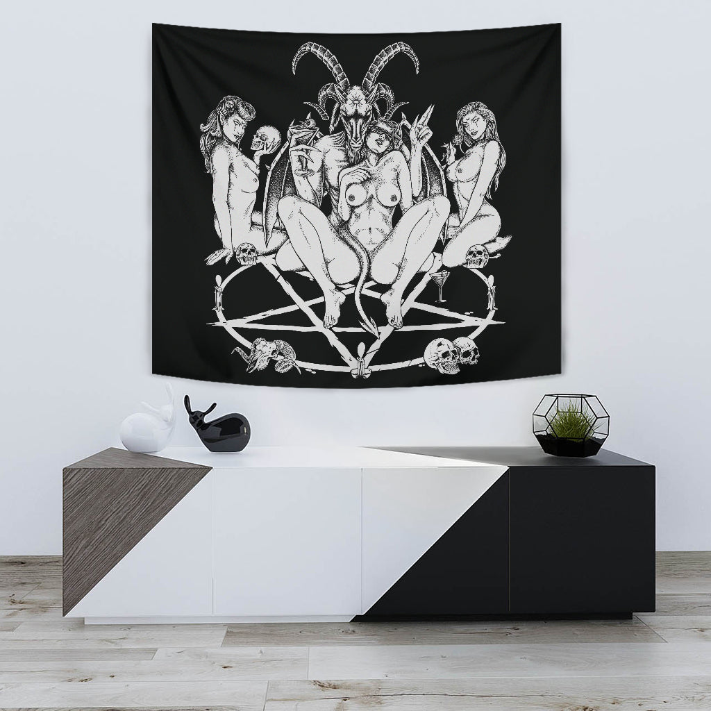 Skull Satanic Baphomet Goat Pentagram Lust God Naughty And Lovin It Cocktail Flesh Party Large Wall Decoration Tapestry Black And White