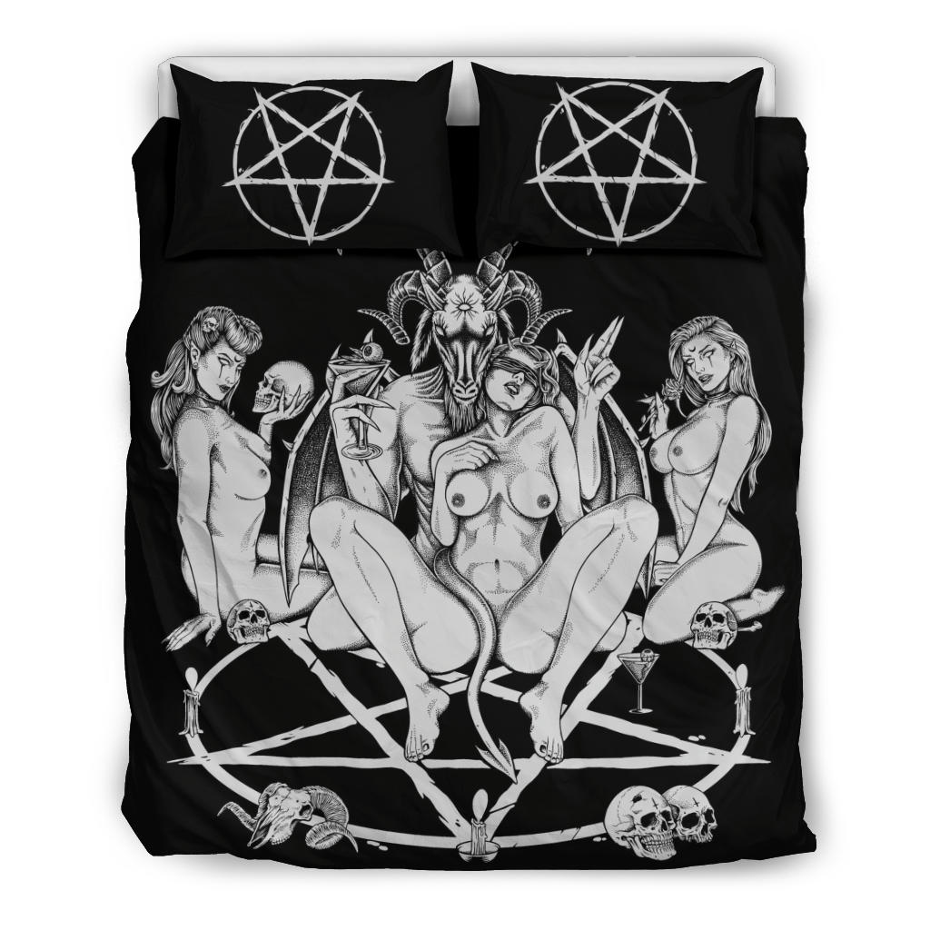 Skull Satanic Baphomet Goat Pentagram Lust God Naughty And Lovin It Cocktail Flesh Party 3 Piece Duvet Set Black And White Awesome Large Print