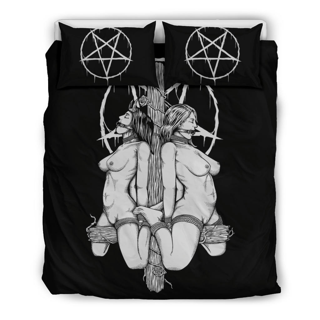 Satanic Pentagram Satanic Cross Been Caught Lying 3 Piece Duvet Set Black And White