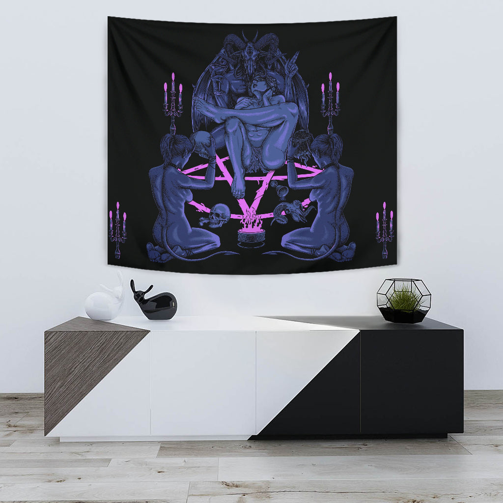 Satanic Pentagram Goat Skull Alcohol Fueled Messiah Head Anatomy Celebration Party Large Wall Decoration Tapestry Blue Pink