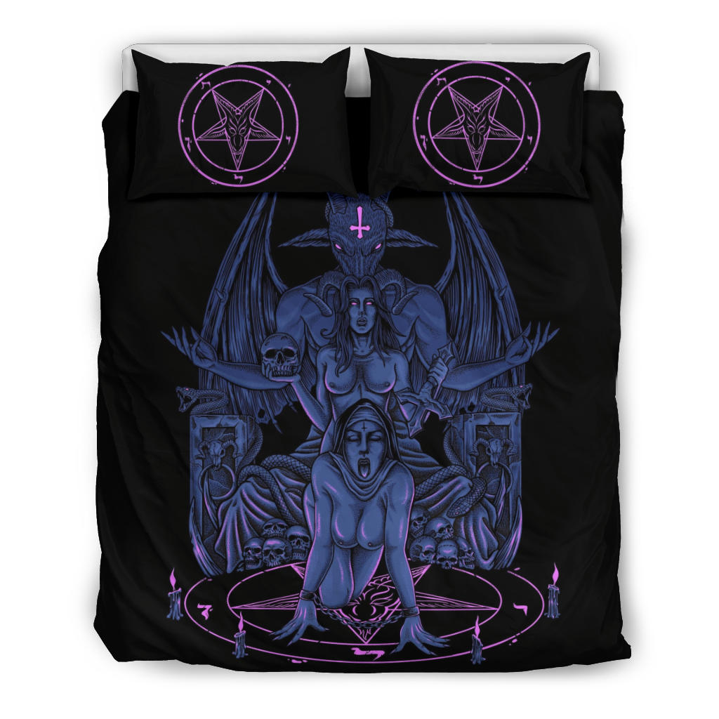 Skull Baphomet Serpent Satanic Pentagram Demon Inception Throne 3 Piece Duvet Set Sexy Blue Pink