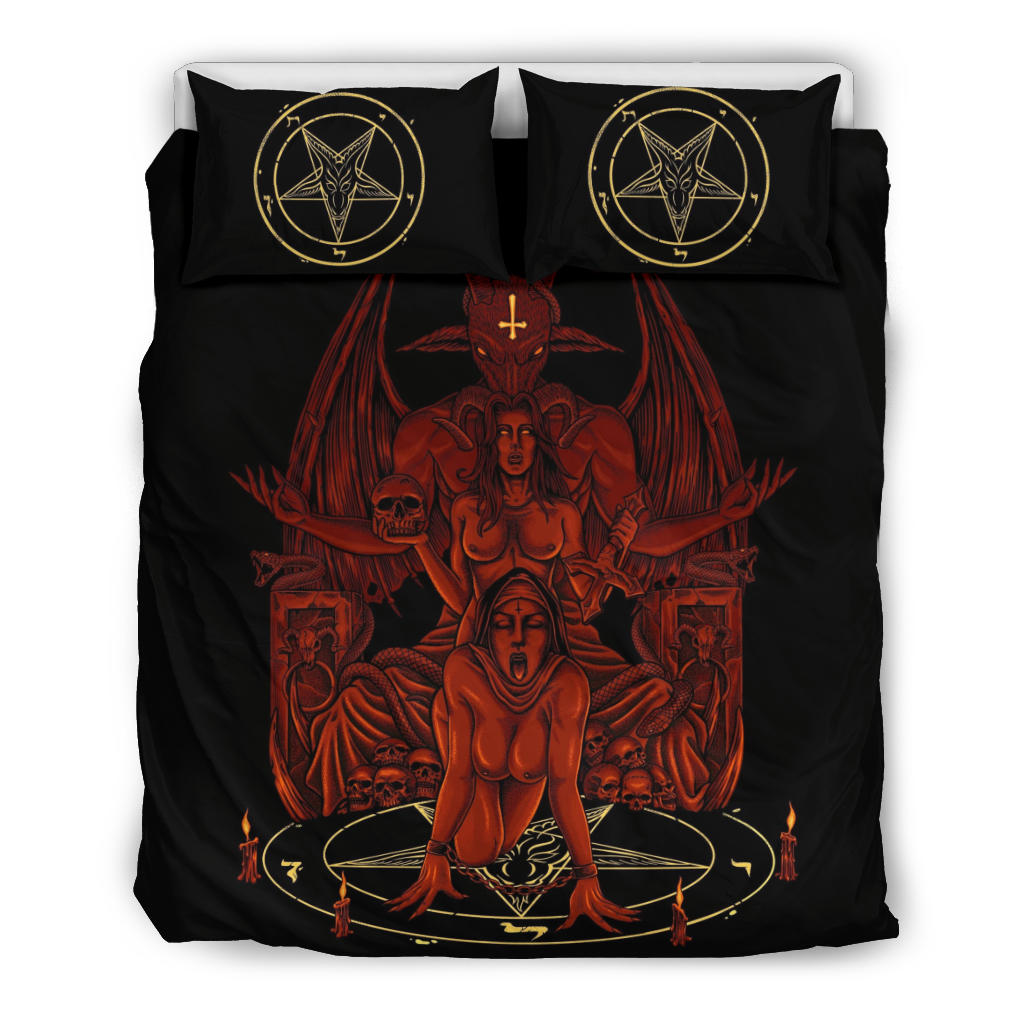 Skull Baphomet Serpent Satanic Pentagram Demon Inception Throne 3 Piece Duvet Set Red Flame