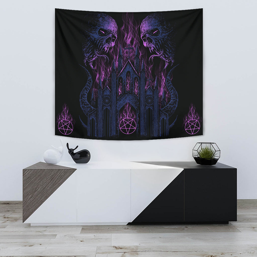 Skull Demon Satanic Pentagram Church Flame Large Wall Decoration Tapestry Night Blue Pink
