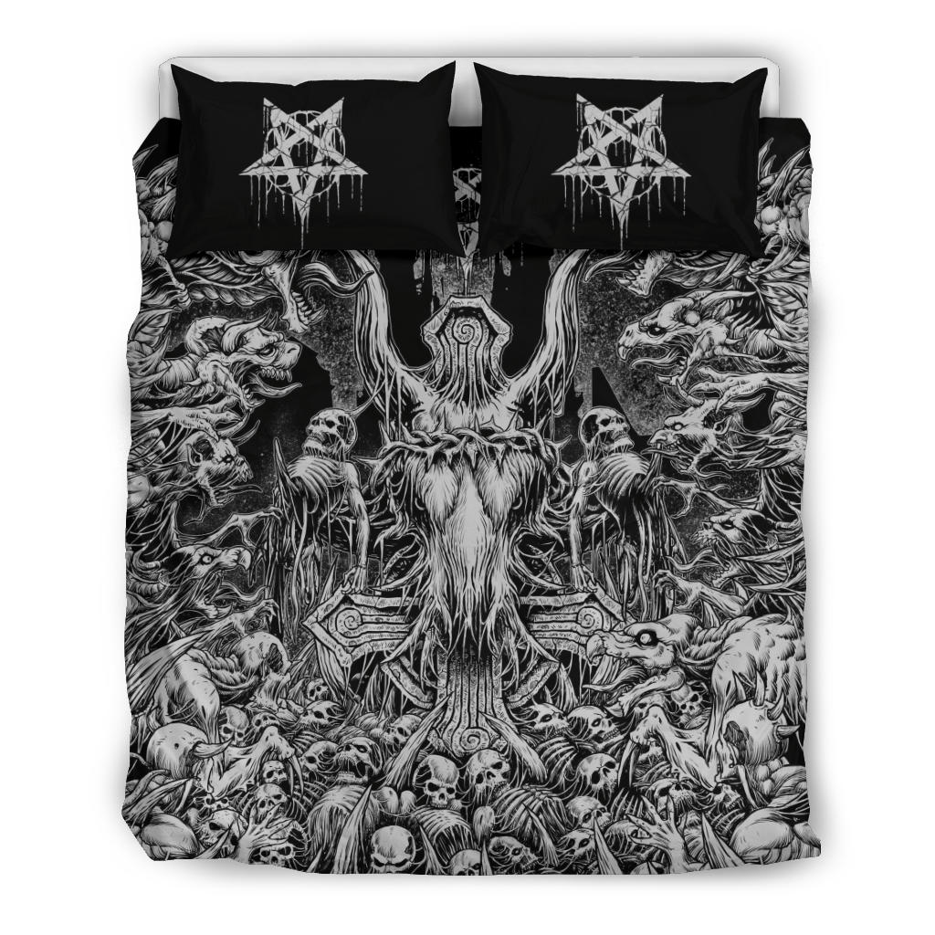 Skull Inverted Cross Crowned Goat Impaled Skeleton Demon Church Blitzkrieg 3 Piece Duvet Set Black And White