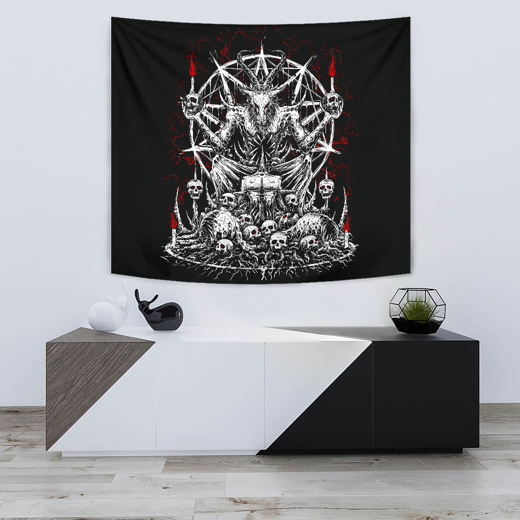 Skull Skeleton Satanic Goat Eternal Impaled Torment Skull Candle Trophy Tapestry Black And White Red