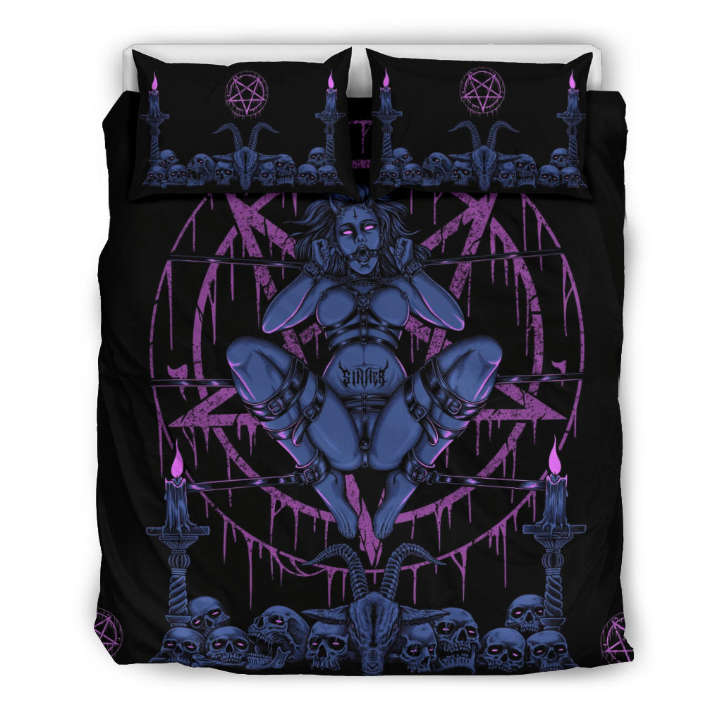 Skull Demon Satanic Baphomet Goat Satanic Pentagram Chained To Sin And Lovin It 3 Piece Duvet Set Erotic Blue Pink