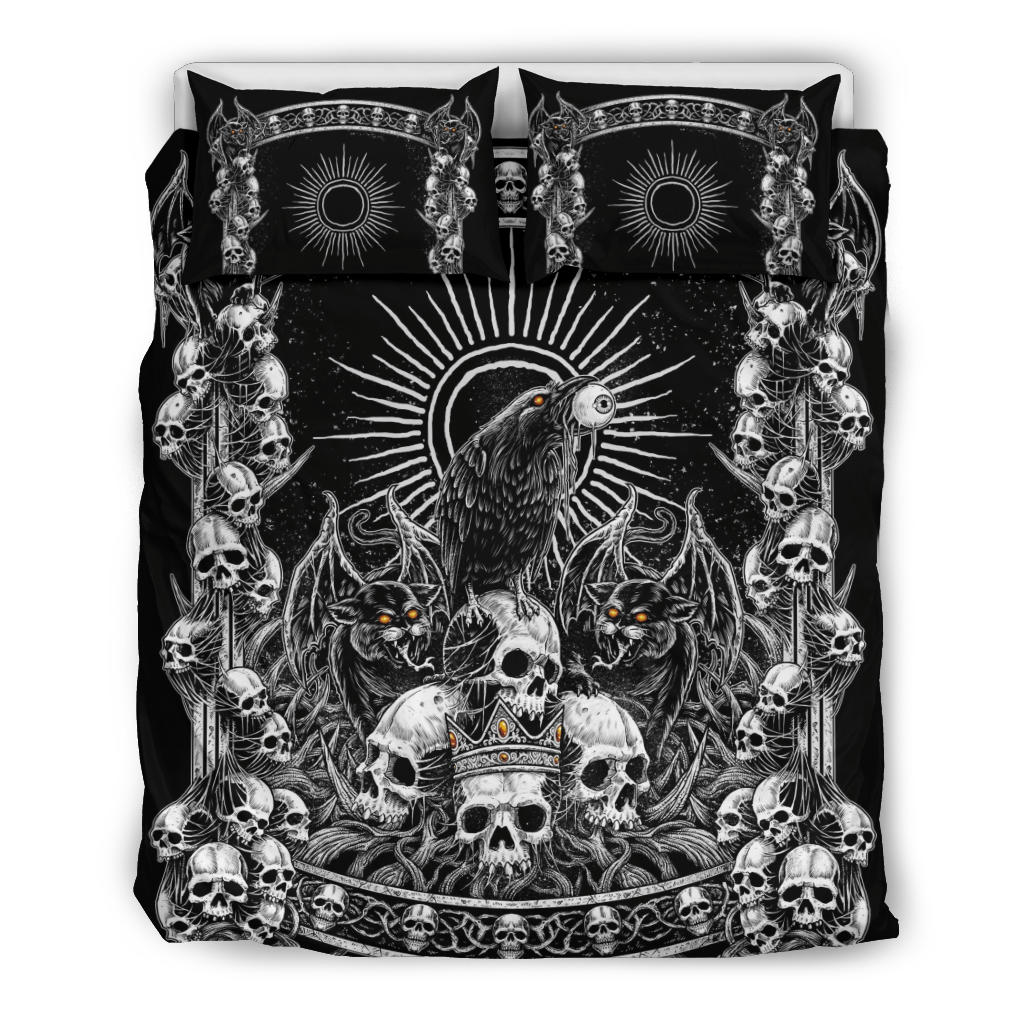Skull Crown Demon Cat Crow Throne 3 Piece Duvet Set Black And White