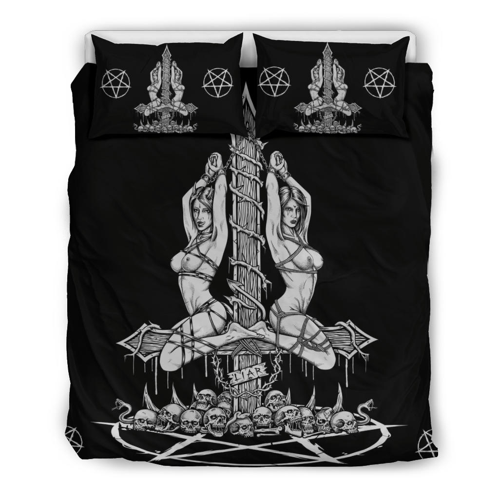 Skull Satanic Pentagram Serpent Inverted Cross Been Caught Lying Part 2 Labeled A Liar 3 Piece Duvet Set Black And White