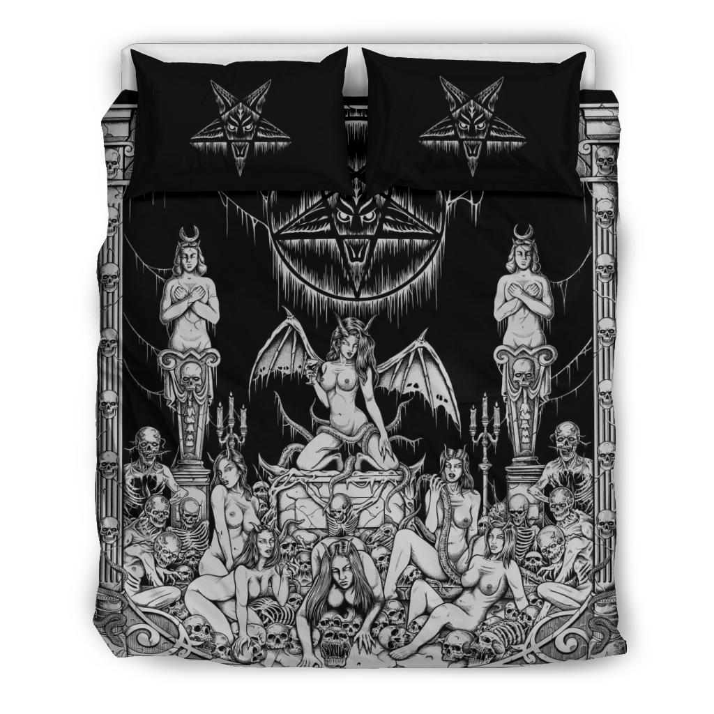Satanic Pentagram Skull Sexy Winged Demon Welcome To Hell's Pearly Pleasure Gates 3 Piece Duvet Set Black And White-