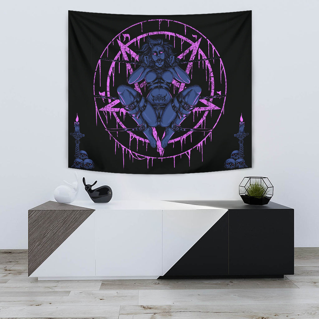 Skull Demon Satanic Baphomet Goat Satanic Pentagram Chained To Sin And Lovin It Large Wall Decoration Tapestry Erotic Blue Pink