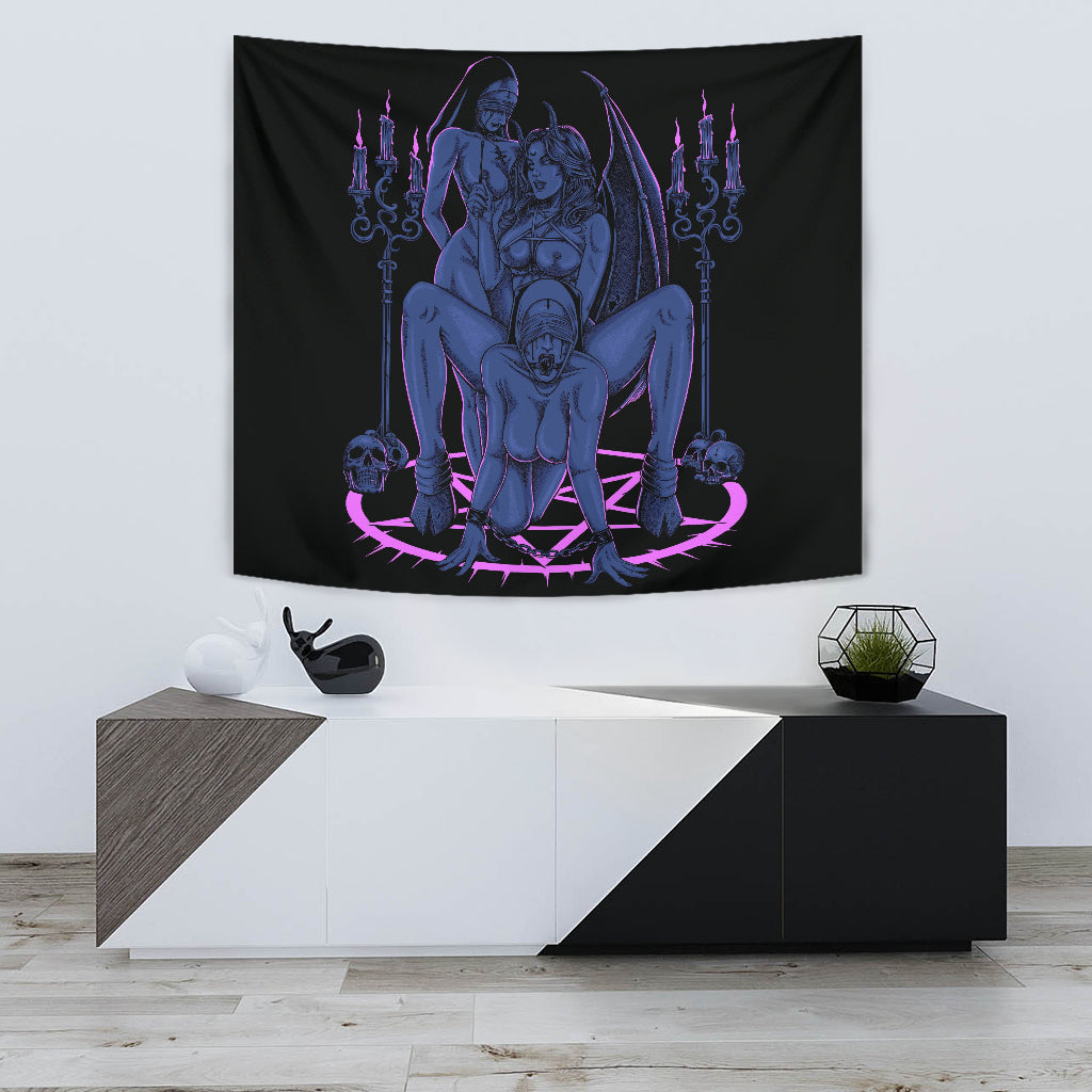 Skull Satanic Pentagram Thorn Candle Satanic Cross Erotic Possession Large Wall Decoration Tapestry Erotic Blue Pink