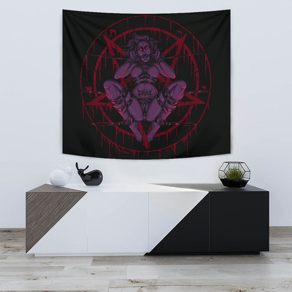 Skull Demon Satanic Baphomet Goat Satanic Pentagram Chained To Sin And Lovin It Large Wall Decoration Tapestry Awesome Purple Red