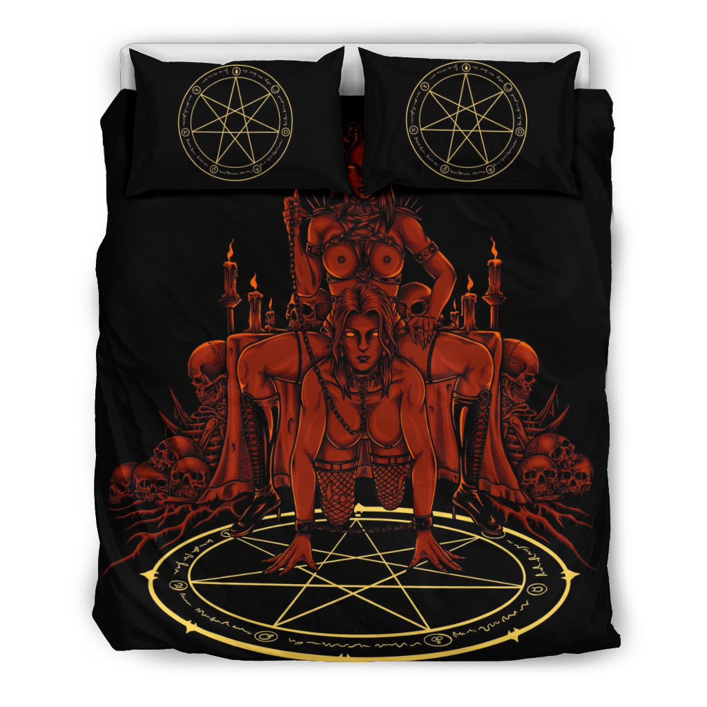 Skull Satanic Pentagram Demon Chained Hot And Ready 3 Piece Duvet Set Red Hellfire