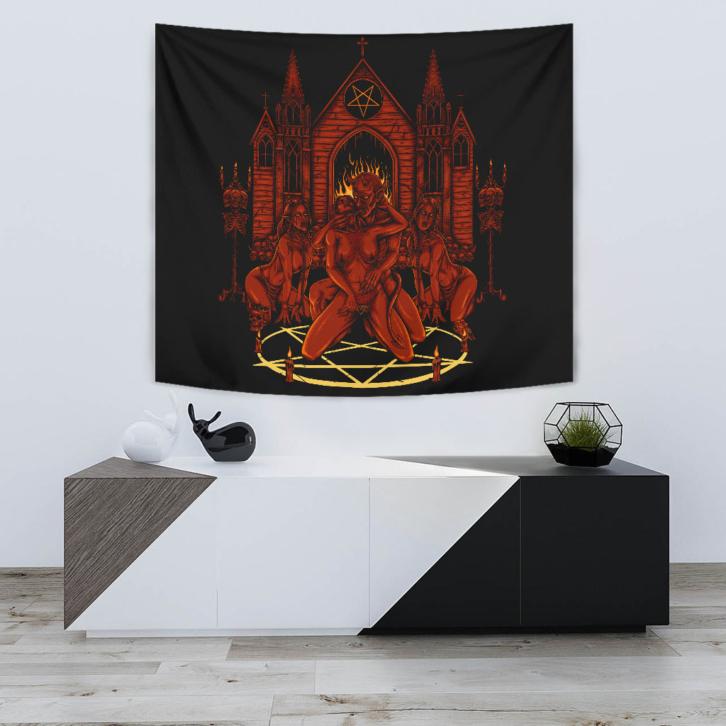Skull Satanic Pentagram Demon Lucifer's Chapel Of Flesh Large Wall Decoration Tapestry Red Flame