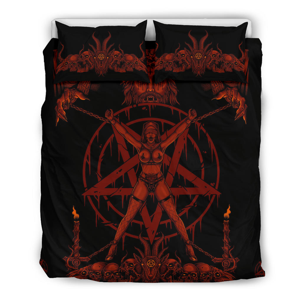Skull Satanic Pentagram Demon Chained To Sin And Lovin It Part 2 -3 Piece Duvet Set Blood Red Hellfire