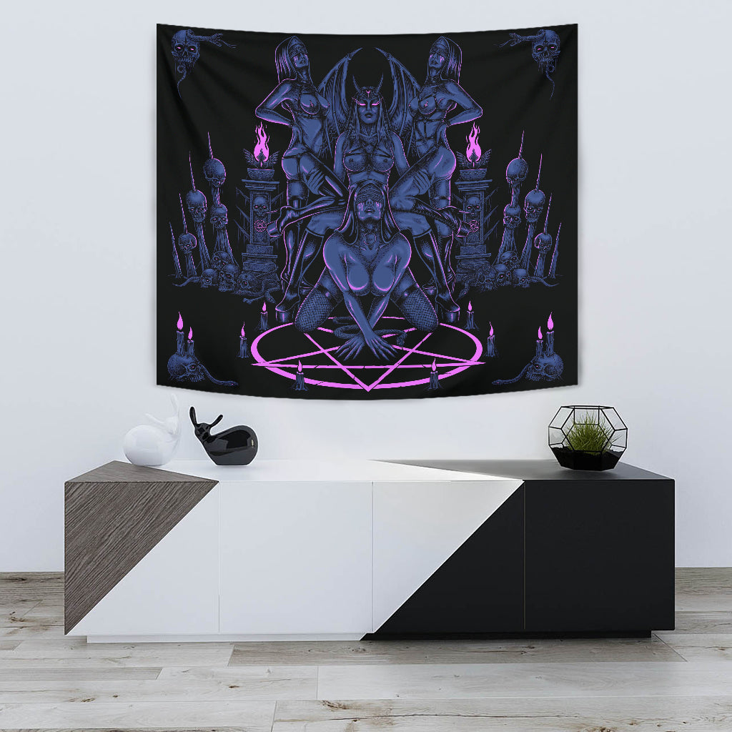 Skull Satanic Pentagram Serpent Impaled Erotic Demon Foursome Large Wall Decoration Tapestry Sexy Blue Pink