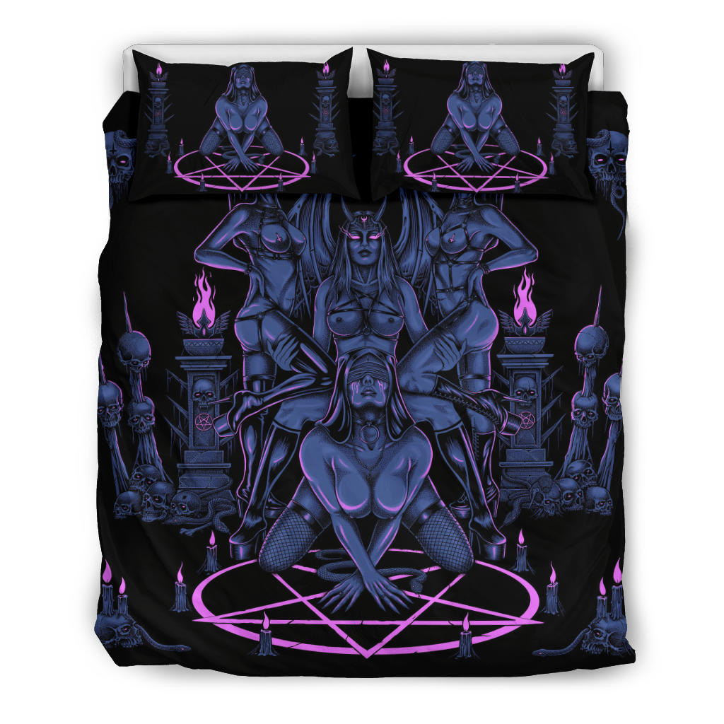 Skull Satanic Pentagram Serpent Impaled Erotic Demon Foursome 3 Piece Duvet Set Sexy Blue Pink