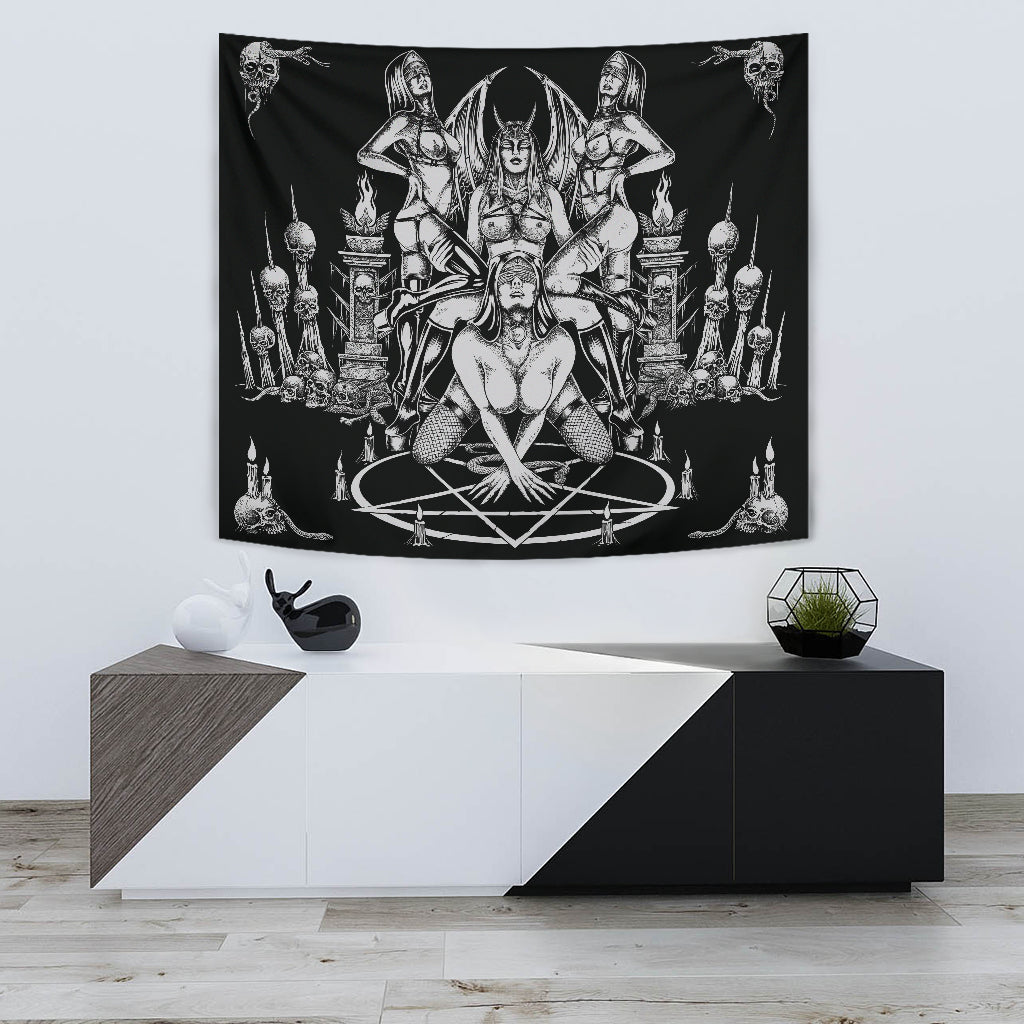 Skull Satanic Pentagram Serpent Impaled Erotic Demon Foursome Large Wall Decoration Tapestry