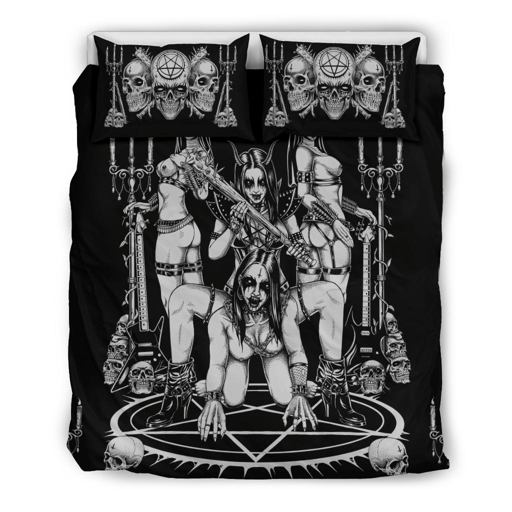 Skull Satanic Pentagram Ultimate Black Metal Lover Demon 3 Piece Duvet Set Black And White