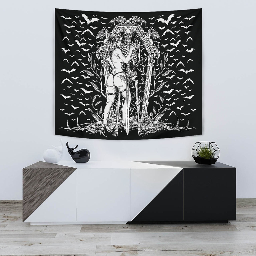 Bat Skull Bat Wing Erotic Demonic Skeleton Coffin Shrine Large Wall Decoration Tapestry Black And White