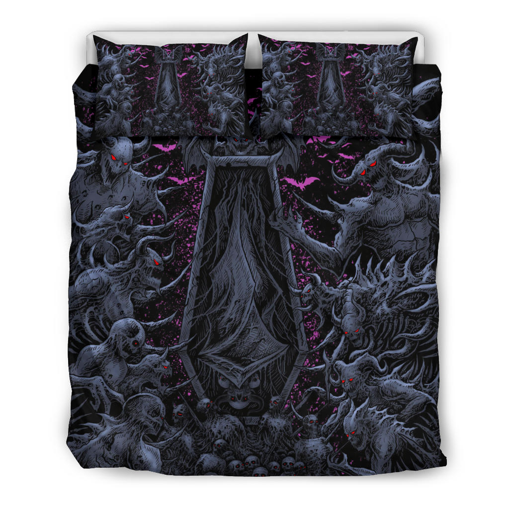 Coffin Shroud Bat Wing Demon Galore 3 Piece Duvet Set Night Blue Pink