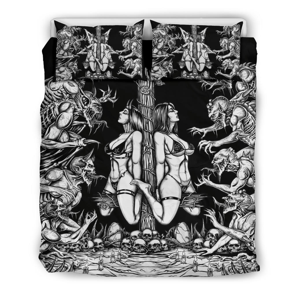 Skull Satanic Wood Cross Demon blitzkrieg 3 Piece Duvet Set Black And White Edited Version