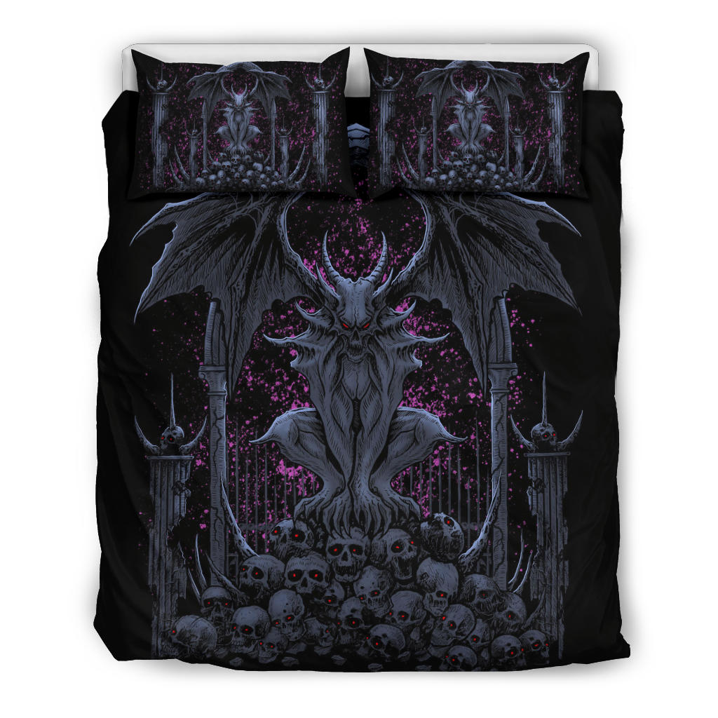 Skull Batwing Gargoyle Demon 3 Piece Duvet Set Night Blue Pink