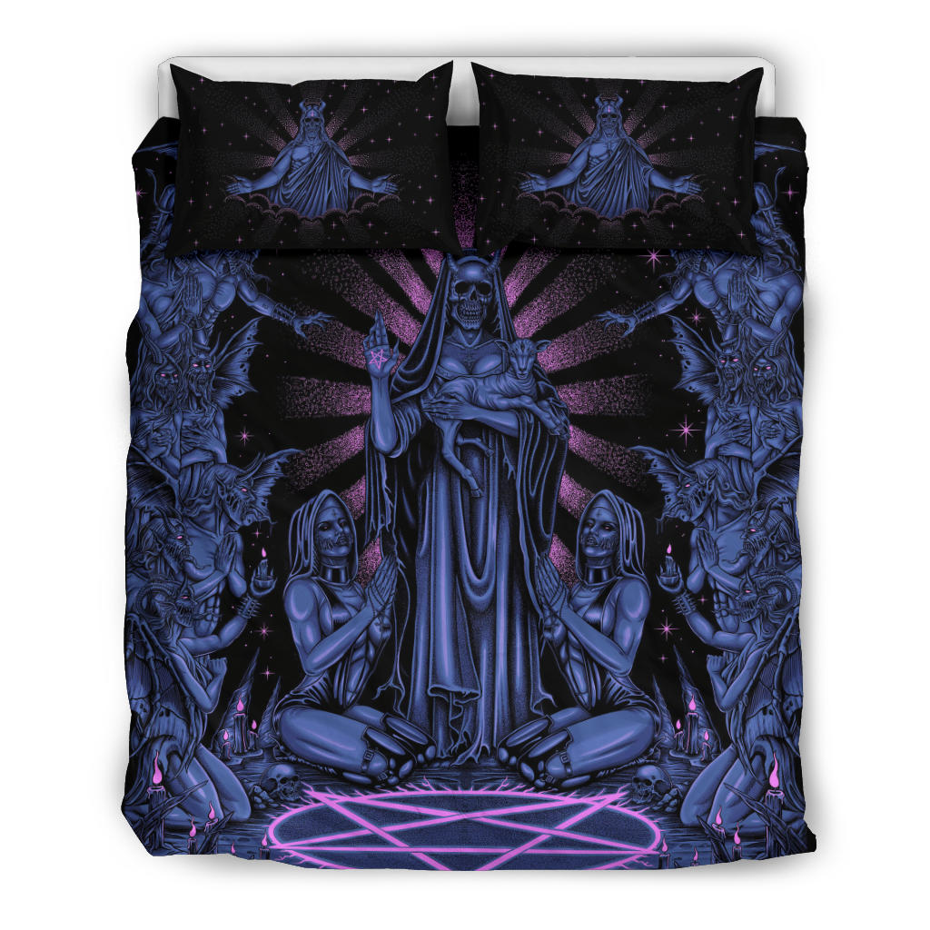 Satanic Pentagram Palm Nun Inverted Cross Forehead Pillows Demon Bombardment 3 piece Duvet Set Awesome Night Blue Pink